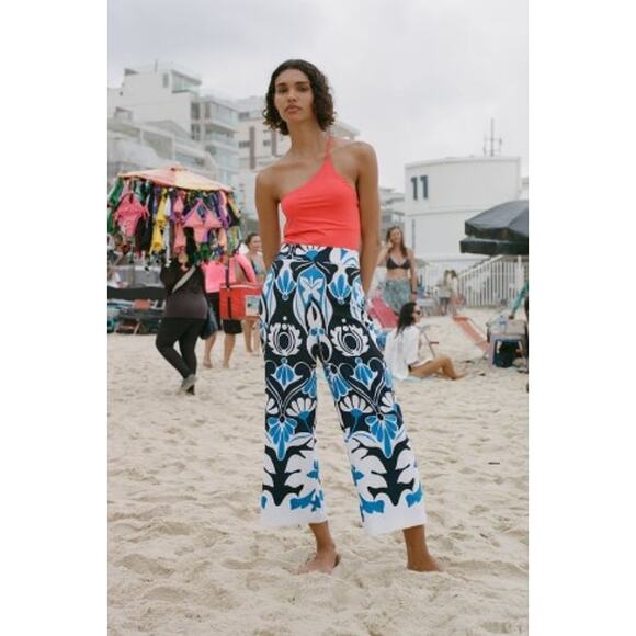 Zara Blue Floral Print Wide Leg High Waist Cropped Pants Coullotes Large - Picture 1 of 7